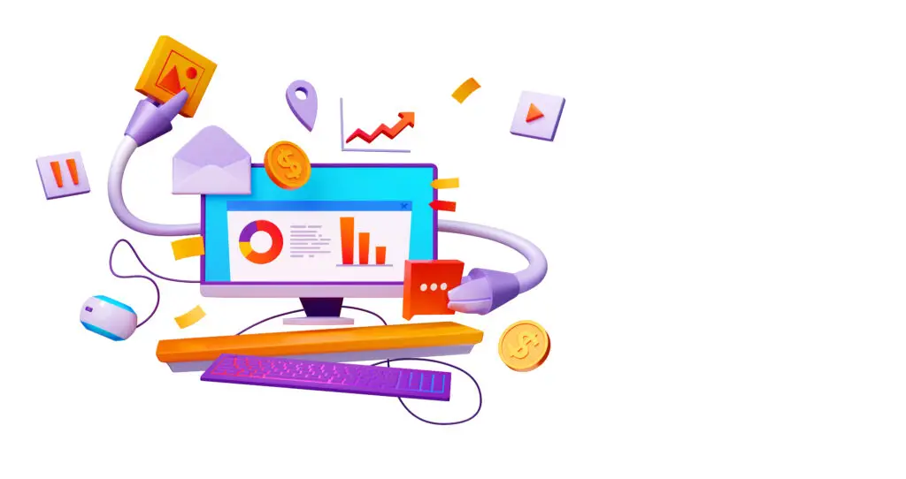 Digiponix illustration of AI technology and digital marketing services, including analytics, sales, and content