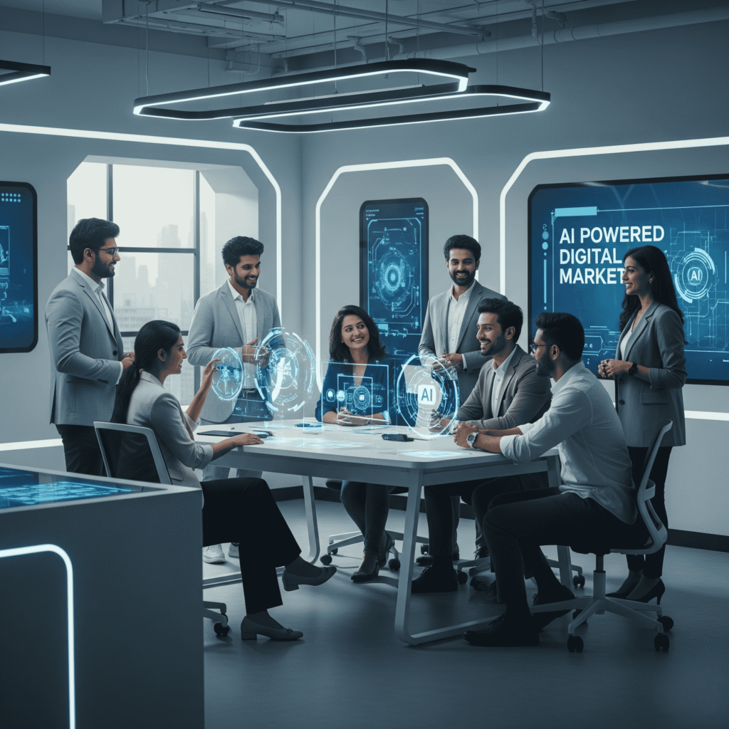 Digiponix Team Collaborating on AI Powered Digital Marketing DigiponixAn AI Integrated Digital Marketing Agency Website A diverse group of professionals from Digiponix collaborating and discussing AI powered digital marketing strategies The team is engaged in a professional and innovative environment