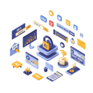 Digiponix illustration of AI Digital Marketing, showing AI-powered SEO, SMM, SEM, email, content, and analytics for comprehensive online growth