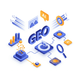 Digiponix illustration of Generative Engine Optimisation (GEO) powered by AI, showing content generation and data optimization for search engines