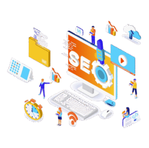 Isometric illustration by Digiponix showing SEO analysis and digital marketing strategy