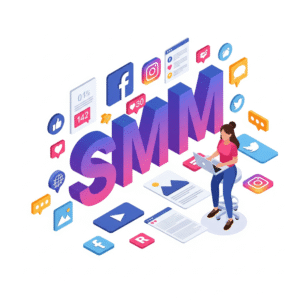 Digiponix illustration of Social Media Marketing (SMM) showing a marketer managing campaigns, platforms, and engagement analytics