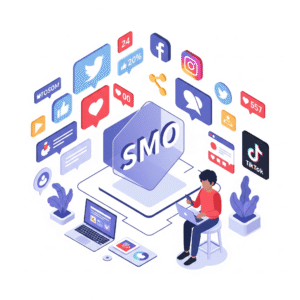 Digiponix illustration of Social Media Optimization (SMO) strategies, showing platforms, engagement, and content management