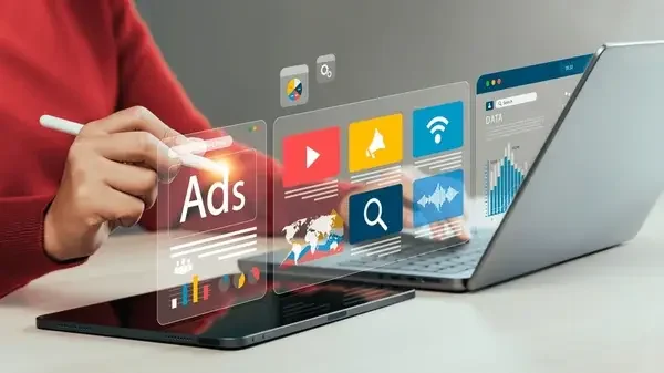 Professional using a tablet and laptop for digital marketing analysis, including ads, social media, and data